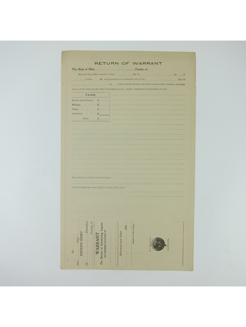 Temperance Ohio Warrant For Seizure Intoxicating Liquor Laws Form Antique c1906